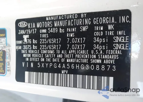 2017 Kia Sorento 3.3L Lx из США, поврежденный, VIN 5XYPG4A56HG308873